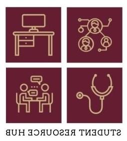 Student Resources Hub four gold icons with maroon background - desk, people talking, stethoscope, people connected 