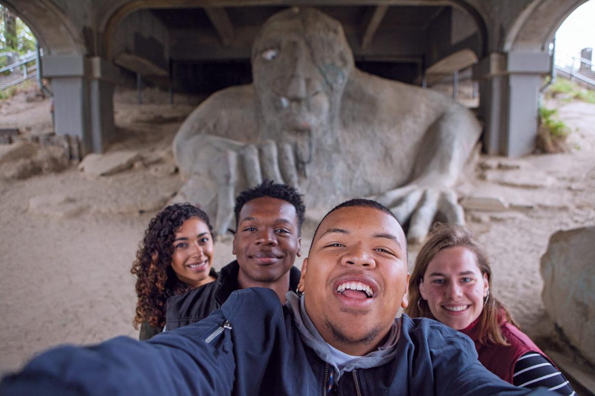 Students in front of the Fremont Troll